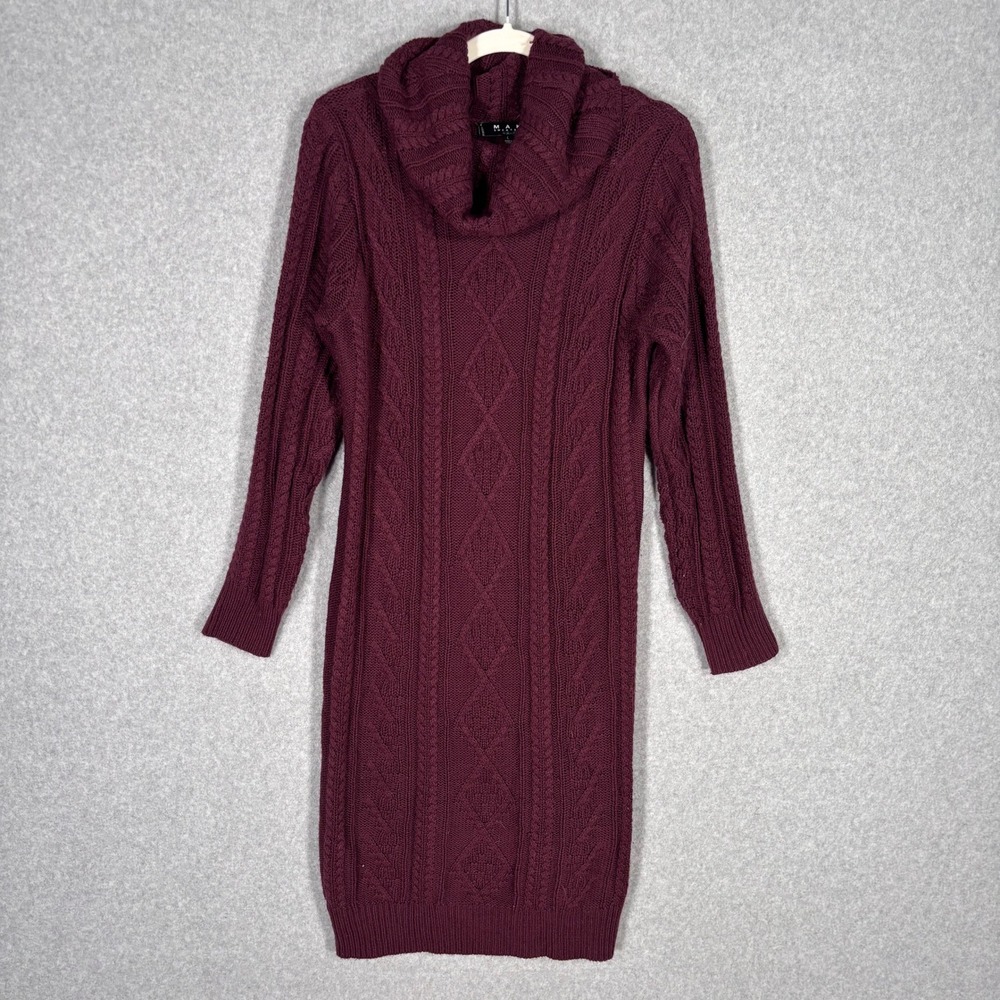 MAK Cable Knit Sweater Dress Large Burgundy Cowl Neck Bodycon Heritage‎ Country